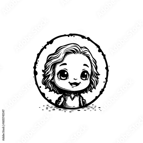 Charming monochrome little girl illustration displaying youthful innocence and happiness within a grunge circle frame evoking positive emotions