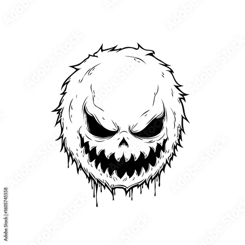 Spooky halloween illustration featuring a scary monster face with sharp teeth and sinister eyes on white backdrop