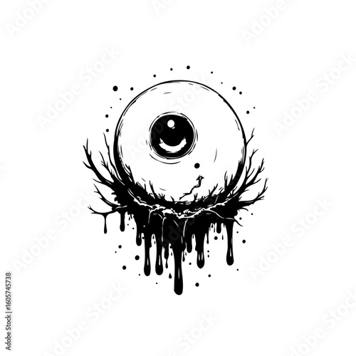 Creepy eye with dripping substance and branches creating an eerie and surreal illustration