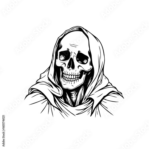 Spooky skeleton graphic design with hood and skull on a white background creating a spooky illustration