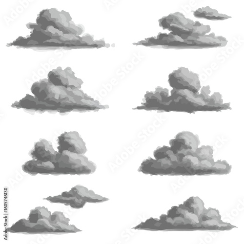 Collection of stylized, detailed, and fluffy gray cloud illustrations on a white background.