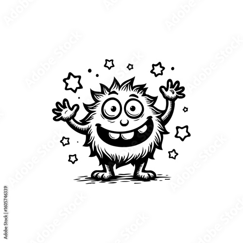 Cheerful cute monster with fluffy fur and friendly smile surrounded by stars radiating positivity and joy