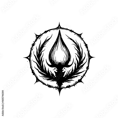 Intricate mythological emblem featuring majestic phoenix symbol surrounded by a decorative circular border and gothic elements