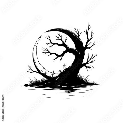Enigmatic lunar tree: A monochrome silhouette of nature's mystique and celestial embrace captured in a minimalist scene