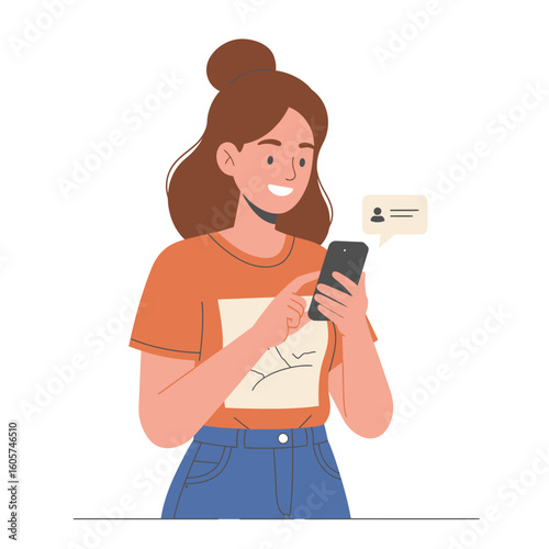 Smiling young woman using a smartphone, interacting with a message.