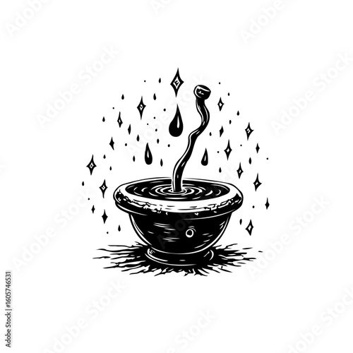 Enigmatic potion brewing illustration featuring dark liquid bowl and shimmering stars creating a captivating visual narrative