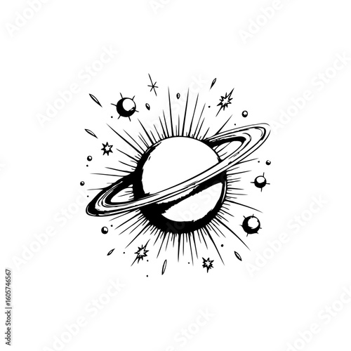 Hand drawn saturn with rings and stars vector illustration for cosmic exploration space travel