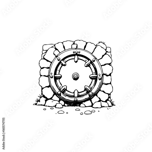 Detailed line art illustration showcasing a stone wheel structure, artistic expression through vector drawing