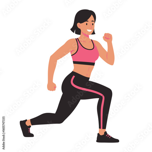 A woman in athletic wear performing a lunge exercise, smiling with determination.