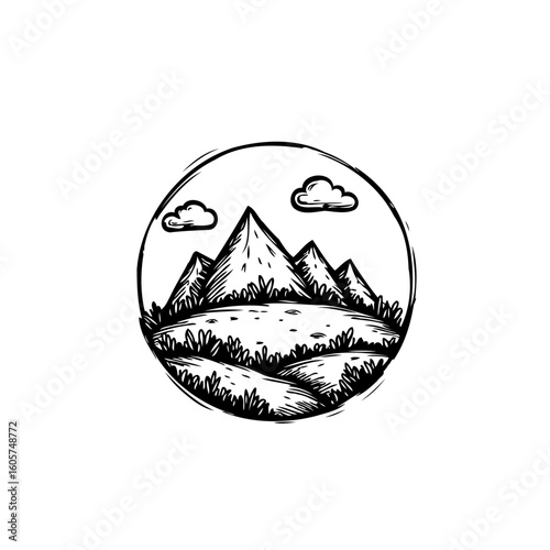 Hand drawn mountain range landscape within a circle perfect for outdoor adventure and scenic beauty conceptualization