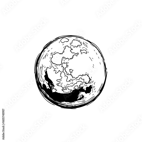 Monochrome moon phase drawing of full celestial body for space exploration or astrology charts, black and white design