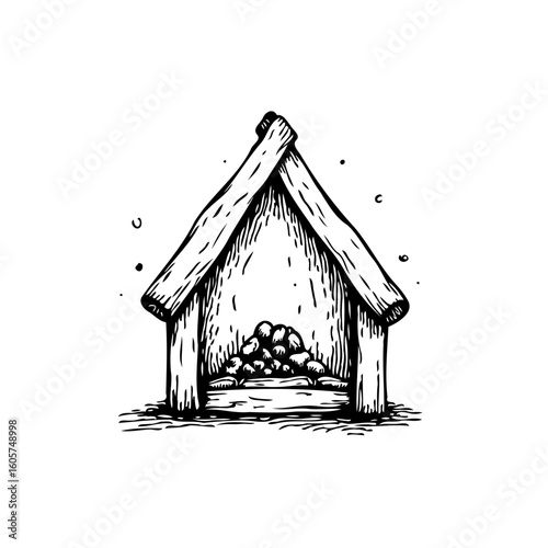 Hand drawn rustic dog house illustration showcasing an animal shelter for small pets with pile of rocks