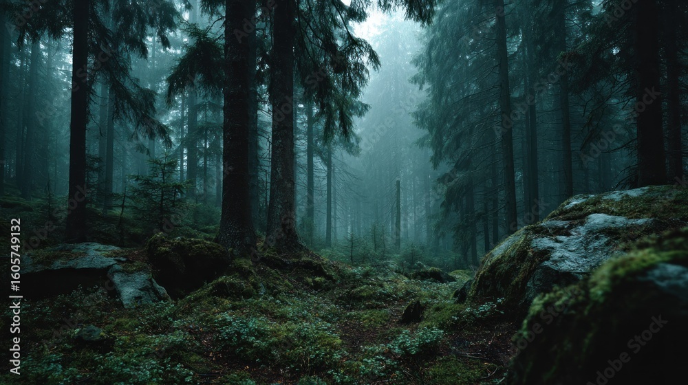 Obraz premium Mysterious Forest Scene with Dense Trees, Fog, and Greenery in a Natural Setting
