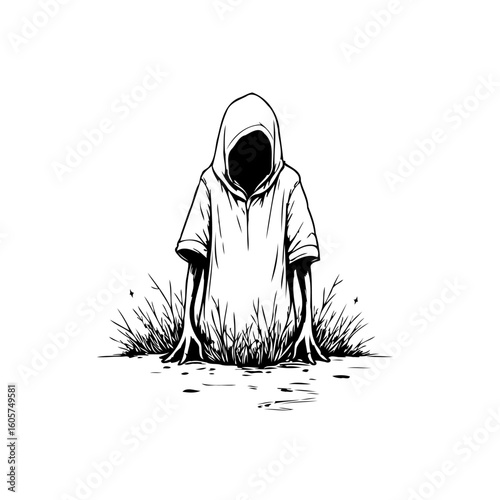 Eerie hooded figure emerging from grass creates a suspenseful mood through abstract horror artwork portraying isolation