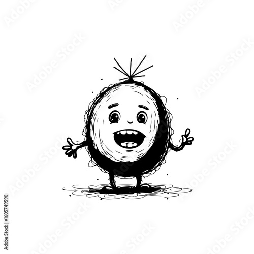 Whimsical cartoon character with quirky details and expressive features in a minimalist design