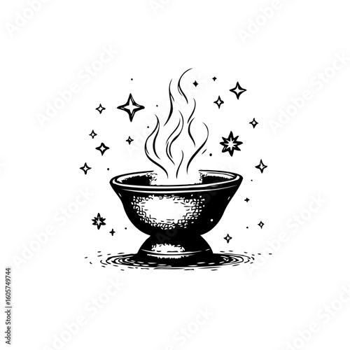 Enchanting potion bowl illustration with mystical smoke and stars creating magic and mystery vibes vector