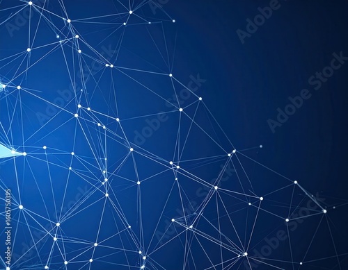 Abstract Network of White Lines and Nodes on Deep Blue Background.