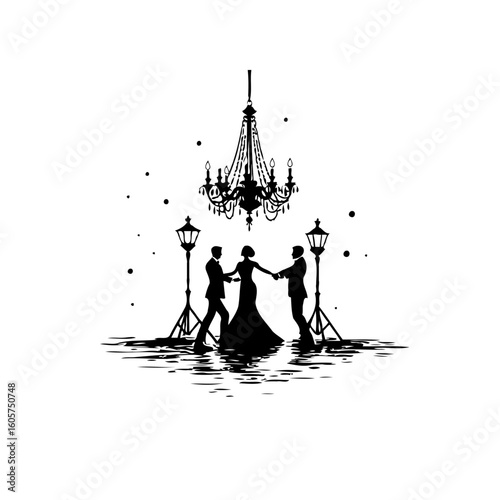 Elegant silhouette of a wedding couple dancing beneath a chandelier and lampposts creating a romantic atmosphere
