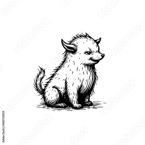 Captivating inked illustration of a fantastical furry creature with horns embodying imagination and allure in monochrome