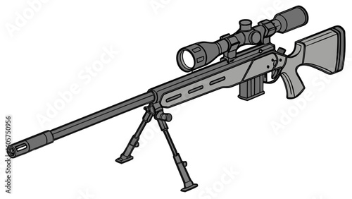 Illustration of a sniper rifle with a scope and bipod in a detailed cartoon style drawing design