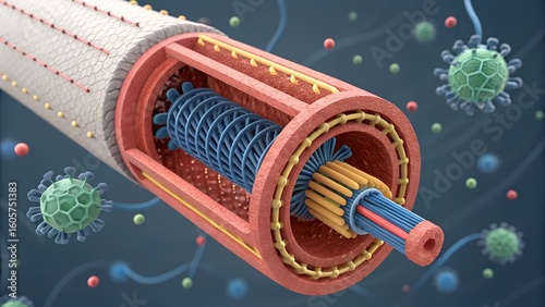 Exploded 3D visualization of a bacterial flagellum motor — molecular rotor proteins, membrane layers, proton flow illustrated
