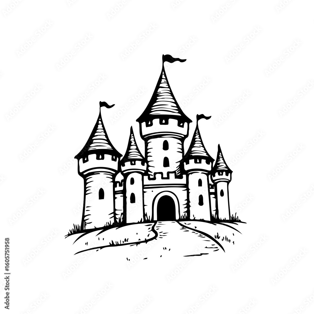 Obraz premium Enchanting castle drawing evokes fairytale fantasy, perfect for storybooks, games, and designs with magic kingdoms
