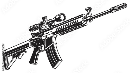 Illustration of a black and white assault rifle with a scope and a magazine attached to it
