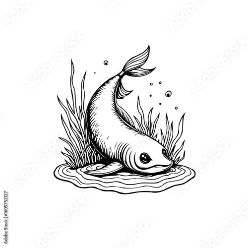 Hand drawn illustration of a fish swimming through plants in water illustration with white background