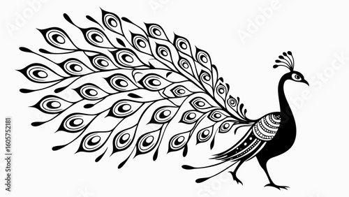 Stylized peacock with elaborate feather display in black and white vector illustration design art