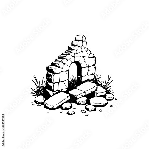 Ancient stone archway ruin sketch isolated on white background illustration for architectural design and historical themes