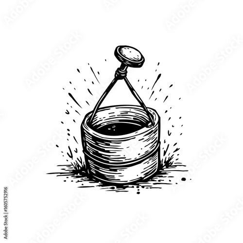 Black and white ink illustration of a paint bucket filled with liquid ready to use concept