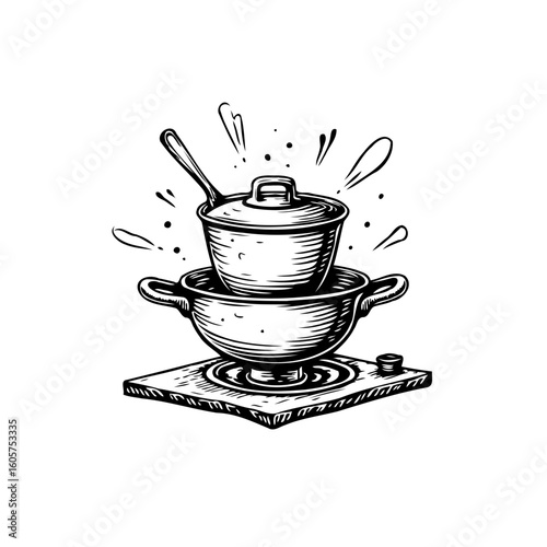 Intricate Hand-Drawn Illustration: Stacked Cooking Pots on Stove Top in Black and White Kitchen Art