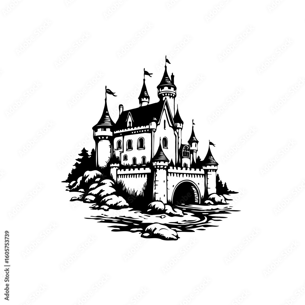 Obraz premium Majestic fairytale medieval castle drawing isolated on white background illustrating architectural beauty and historical significance in fantasy themes