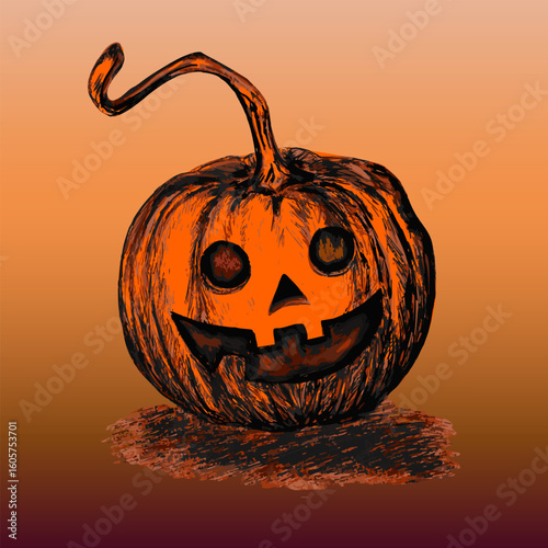 
Grinning jack-o'-lantern with carved face and twisted stem in hand-drawn style on orange gradient background. Creepy Cartoon Jack-o'-Lantern on Autumn Background
