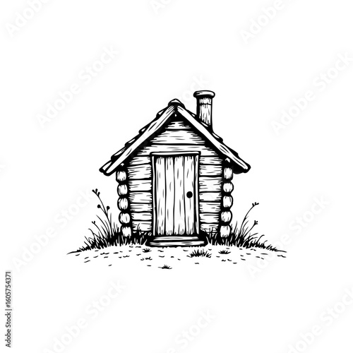 Hand drawn wooden log cabin illustration simple rustic architecture dwelling with rural environment depiction