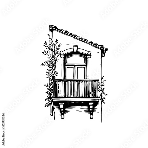 Hand drawn balcony with window and plant decoration sketch design architecture illustration vector graphics