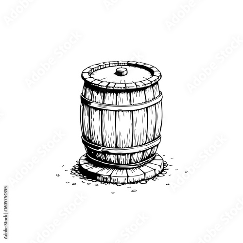 Vintage hand drawn barrel illustration evokes rustic charm and traditional craftsmanship in black and white