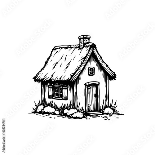 Enchanting rural cottage illustration with thatched roof and intricate details showcasing whimsical charm and simple living