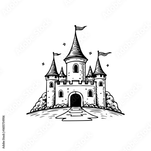 Majestic castle illustration, enchanting fairytale palace with towers, flags, and sparkling stars in black and white