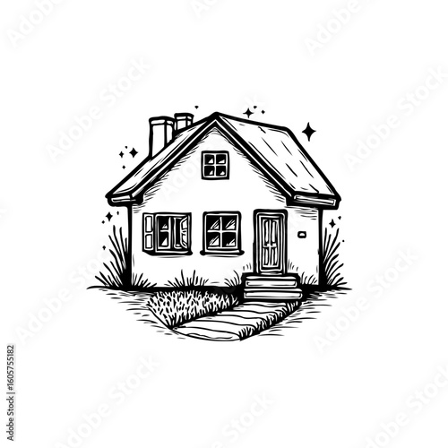Charming hand drawn illustration of a cozy house with a chimney and lush vegetation