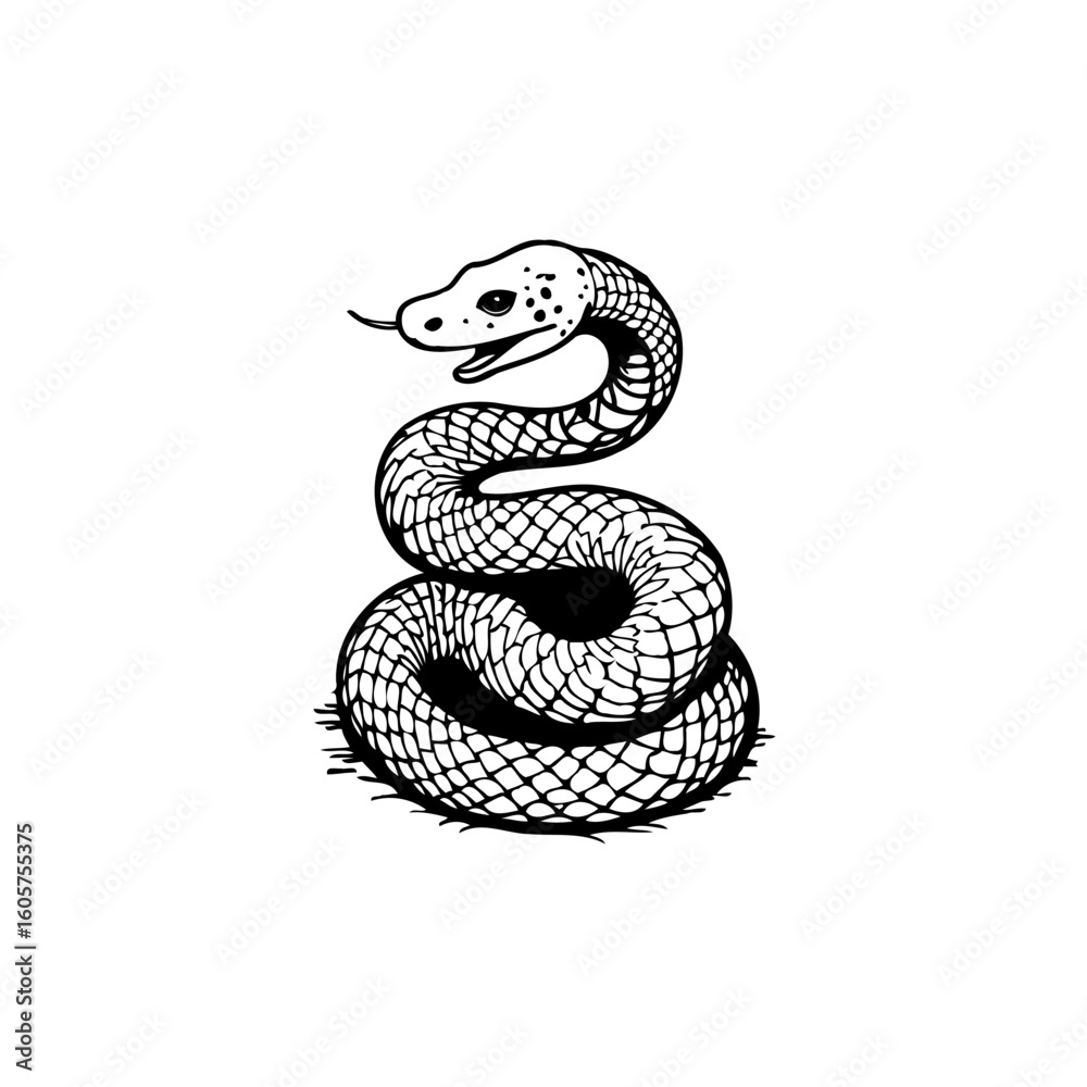 Fototapeta premium Serpentine sketch illustration displaying a coiled reptile with distinctive markings and a visible tongue design