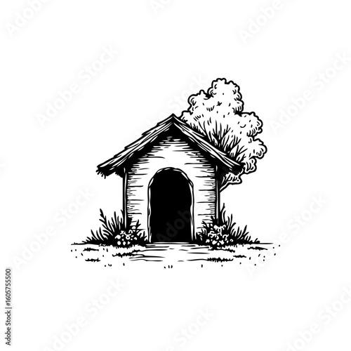Charming doghouse sketch amidst nature's embrace creates a rustic idyllic scene for pet lovers and design enthusiasts alike