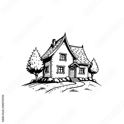 Detailed black and white illustration of a cozy house on a hill with trees