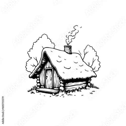 Illustration of an old log cabin, a charming retreat nestled amidst a serene forest landscape drawing