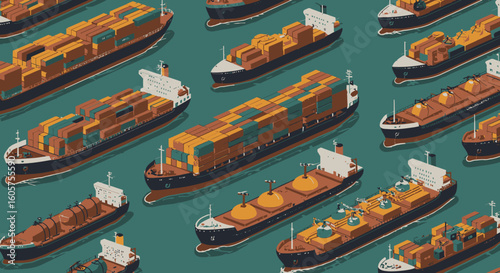 A fleet of cargo ships and tankers in an isometric illustration, symbolizing global maritime freight and supply chain logistics.
