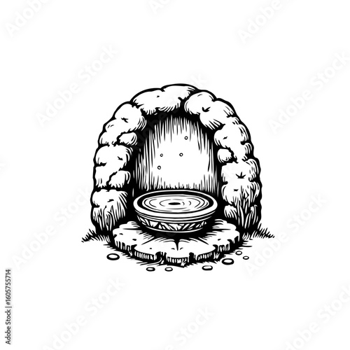 Enigmatic stone shrine featuring ornate bowl evocative ancient rituals spirituality mystical realms captivating artwork
