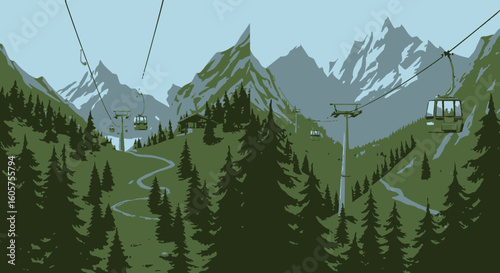 Scenic mountain landscape with a gondola lift, vector illustration of an alpine resort getaway.