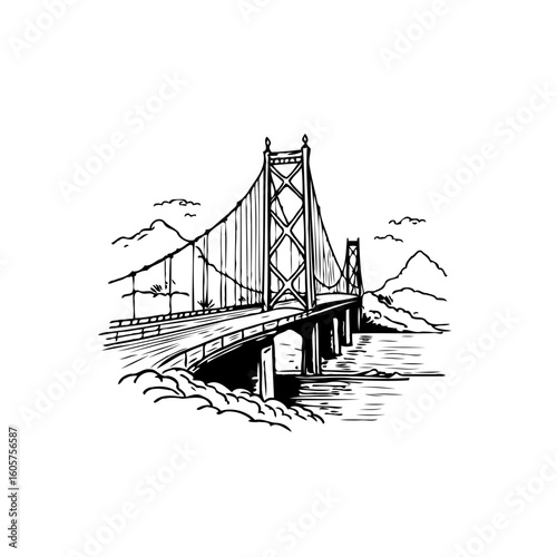A magnificent bridge illustration showcasing architectural design, spanning over water with scenic landscape, conveying artistic brilliance