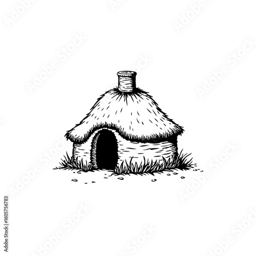 Whimsical thatched roof hut illustration displaying traditional rural architectural drawing with chimney and natural surroundings in grayscale