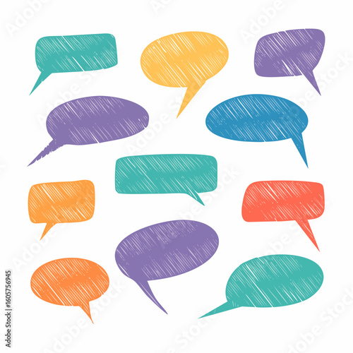 Simple silhouette comic speech bubble collection. Hand drawn colorful vector doodle talk balloons, speech babble frames. Pencil or crayon rough shapes.